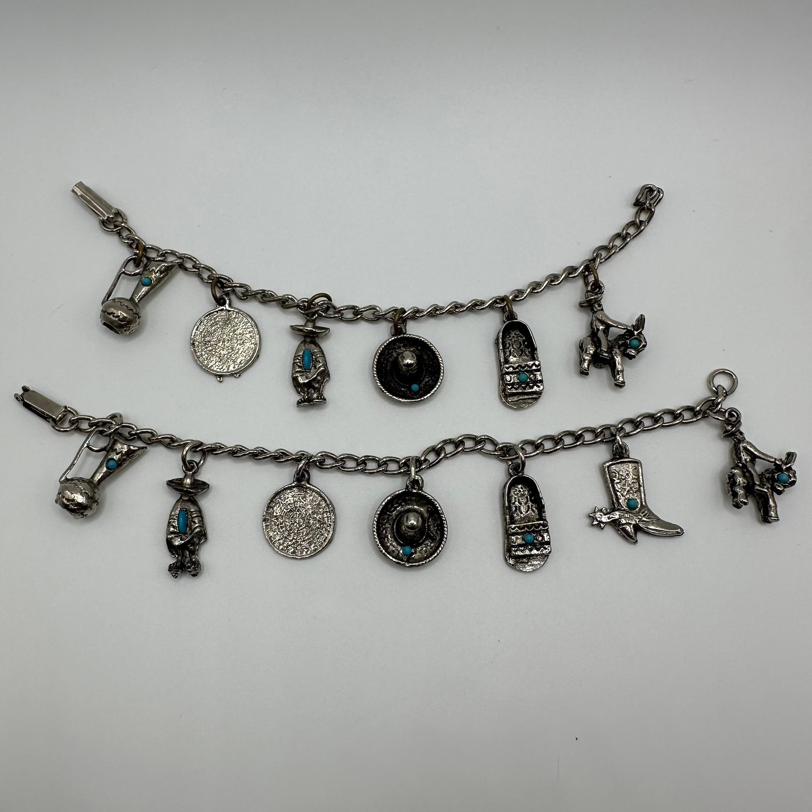 Western Theme Charm Bracelet With Faux Turquoise Accents Cowboy Hat Boot Donkey Charms (1 of 7)