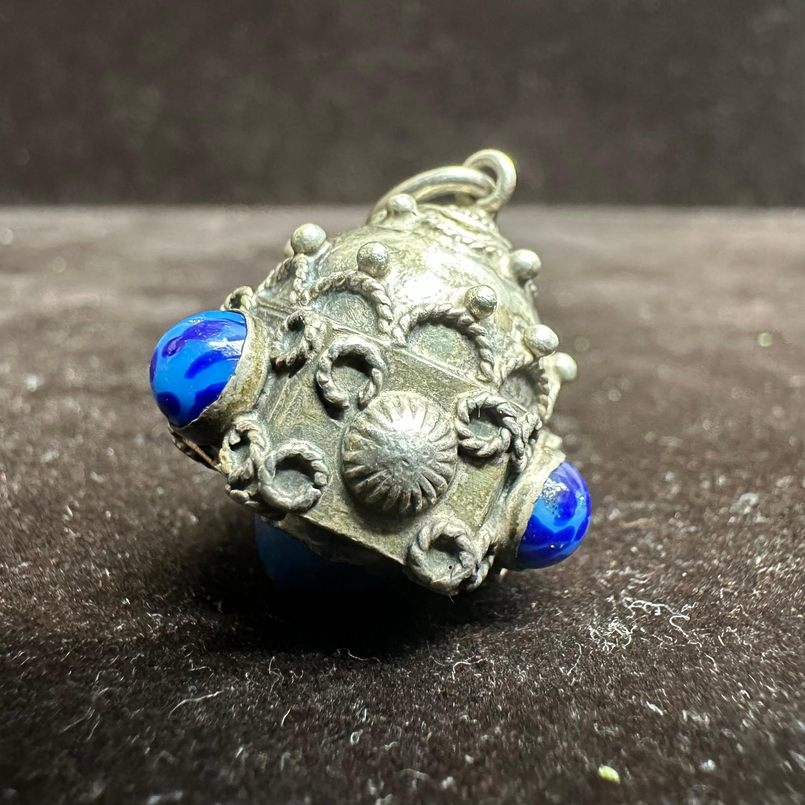 Victorian Etruscan Style Lapis Blue Stone Silver Fob Charm T43: This item is in good pre-owned, previously used/displayed condition with noticeable light wear and surface scratches. Please reference all photos for full details. This piece of jewelry has been teste