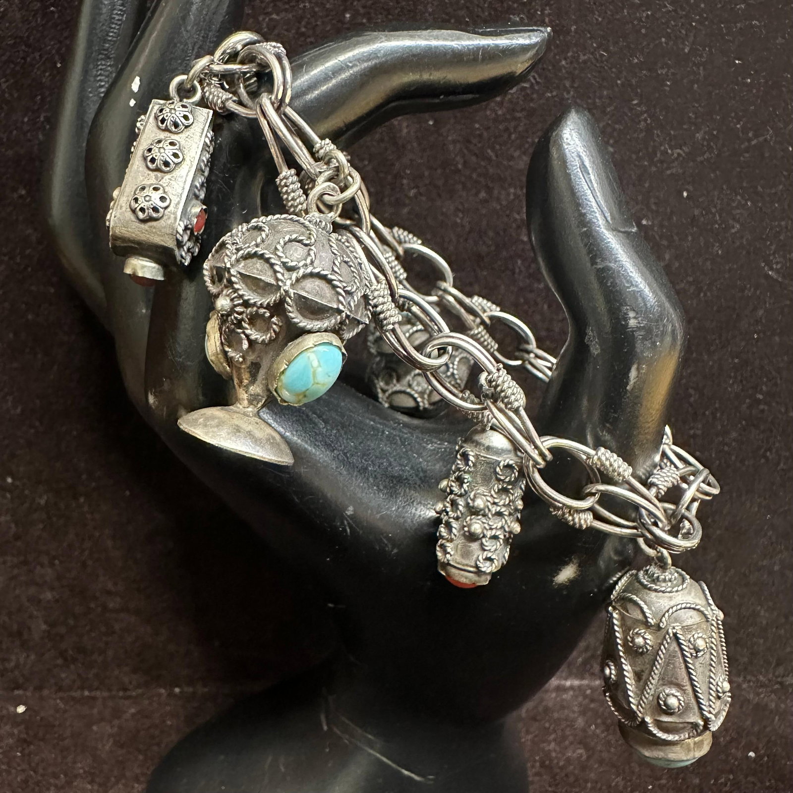 Silver Bracelet Multiple Stone Ornate Charms T46: This item is in good pre-owned, previously used/displayed condition with noticeable light wear and surface scratches. Please reference all photos for full details. This piece of jewelry has been teste