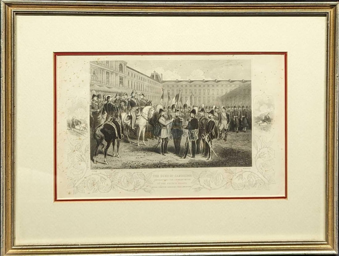 Robert Neal Hind Engraving Duke Of Cambridge: Robert Neal Hind Engraving Duke Of Cambridge. "The Duke Of Cambridge Distributing The Crimean Medal To The French Troops In The Place De Carrousel, Paris Jan. 15th, 1856". This framed print is approx 