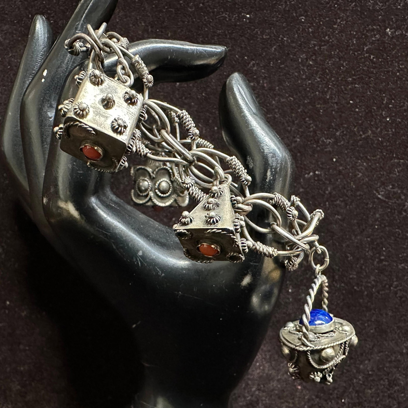 Coral and Lapis Ornate Charm Victorian Etruscan Style Silver Bracelet T33: This item is in good pre-owned, previously used/displayed condition with noticeable light wear and surface scratches. Please reference all photos for full details. This piece of jewelry has been teste