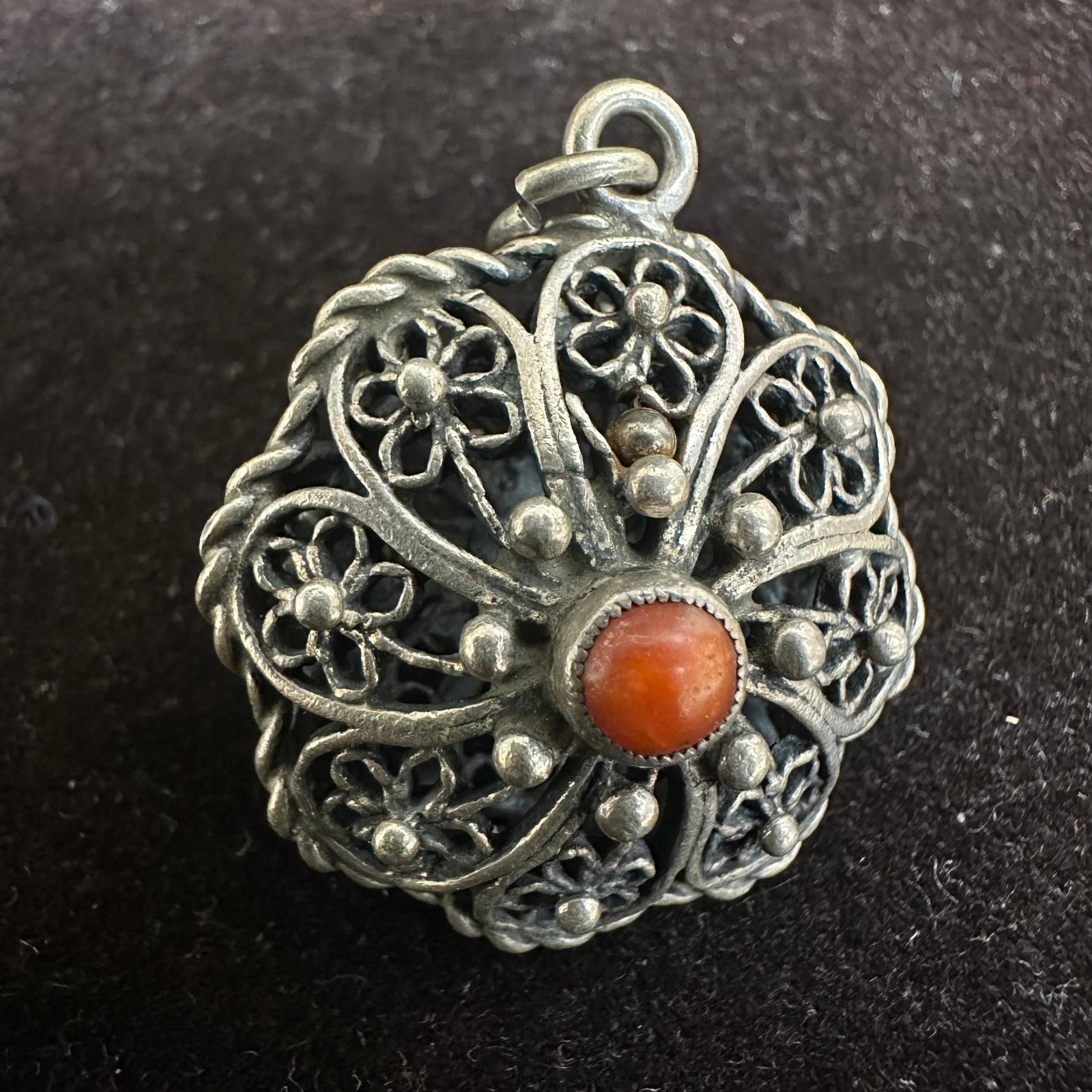 Moonstone Coral Filigree Silverwork Floral Design Silver Charm T15: This item is in good pre-owned, previously used/displayed condition with noticeable light wear and surface scratches. Please reference all photos for full details. This piece of jewelry has been teste