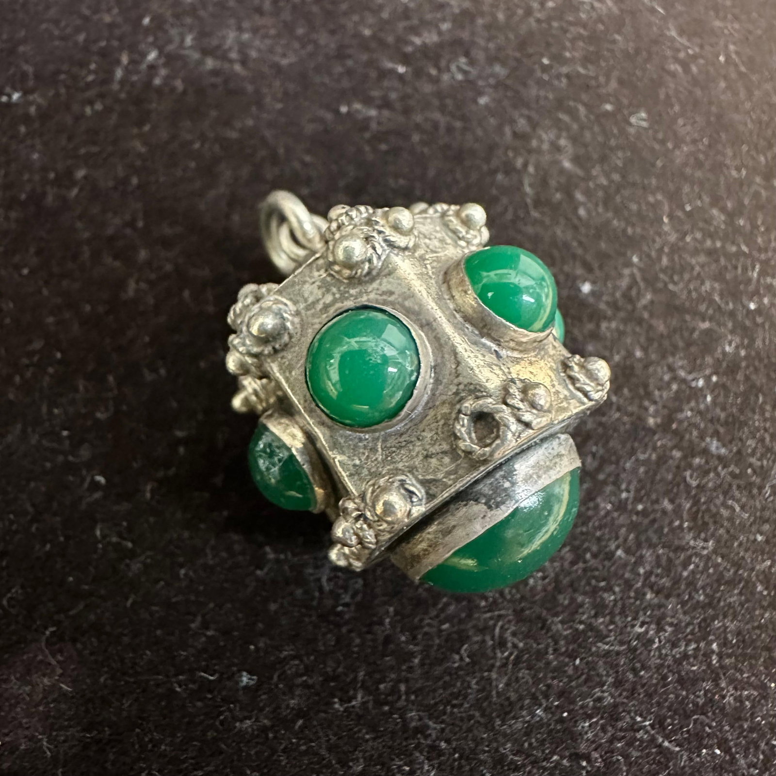 Green Stone Victorian Etruscan Revival Style Silver Charm T49: This item is in good pre-owned, previously used/displayed condition with noticeable light wear and surface scratches. Please reference all photos for full details. This piece of jewelry has been teste