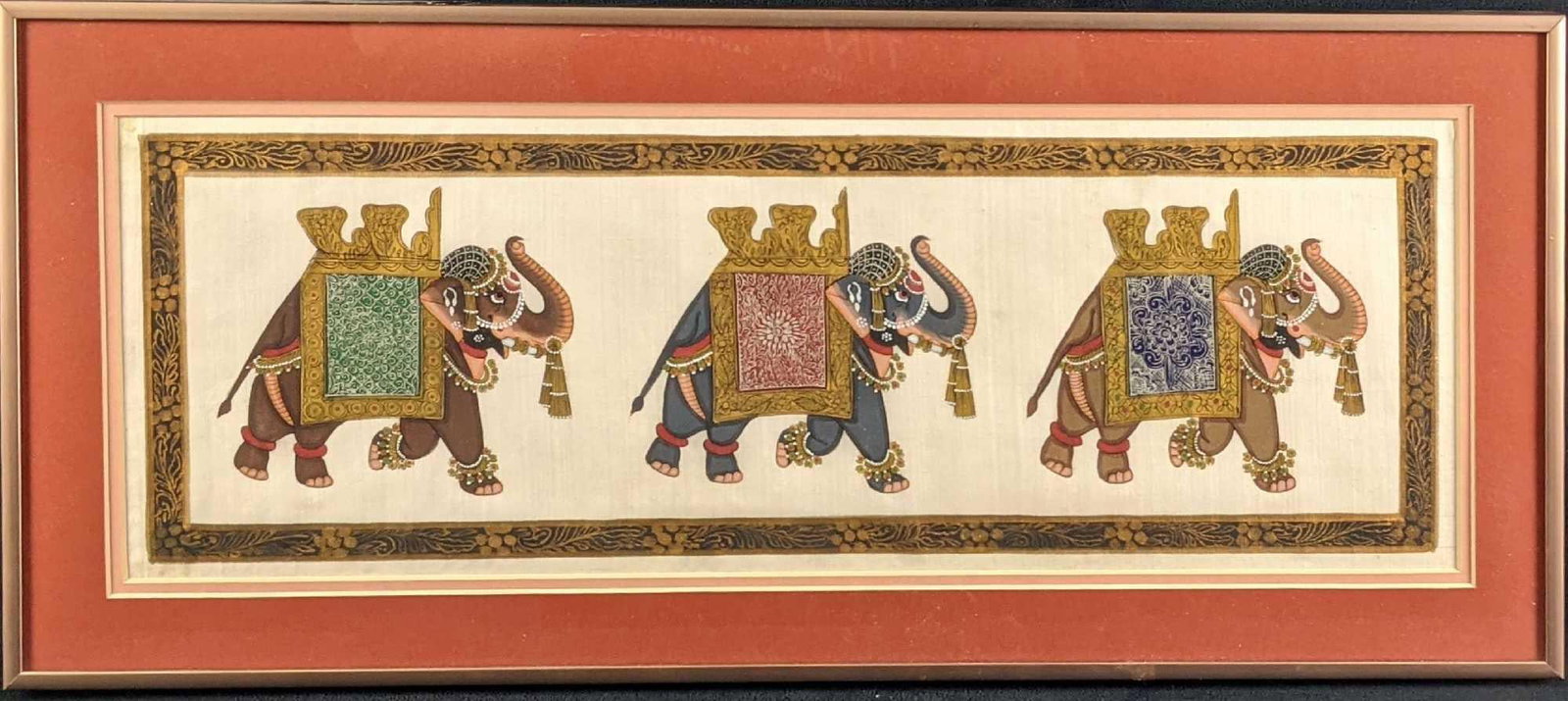 Framed Indian 3 Elephants Marching Hand Painted Silk: Here is a framed silk painting of three well-dressed elephants painted on silk. The artist did not sign this piece. The framed original is approx 22 3/4" x 1" x 10" and it weighs 3lbs. The silk itself