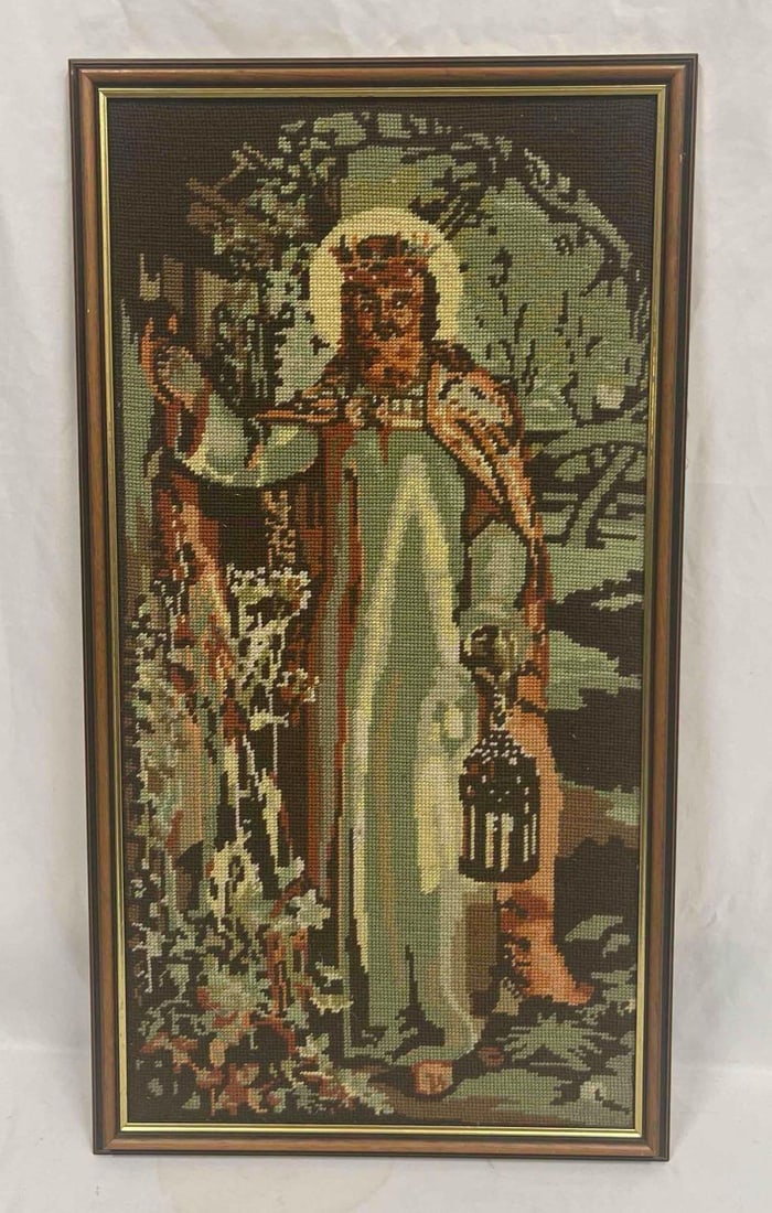 Light Of The World Framed Needlepoint Hand Made By Delyse Timmerman: This lot contains a Light Of The World Framed Needlepoint Hand Made By Delyse Timmerman. The approx. weight and dimensions are listed below. Overall the framed Needlepoint is in good pre owned co