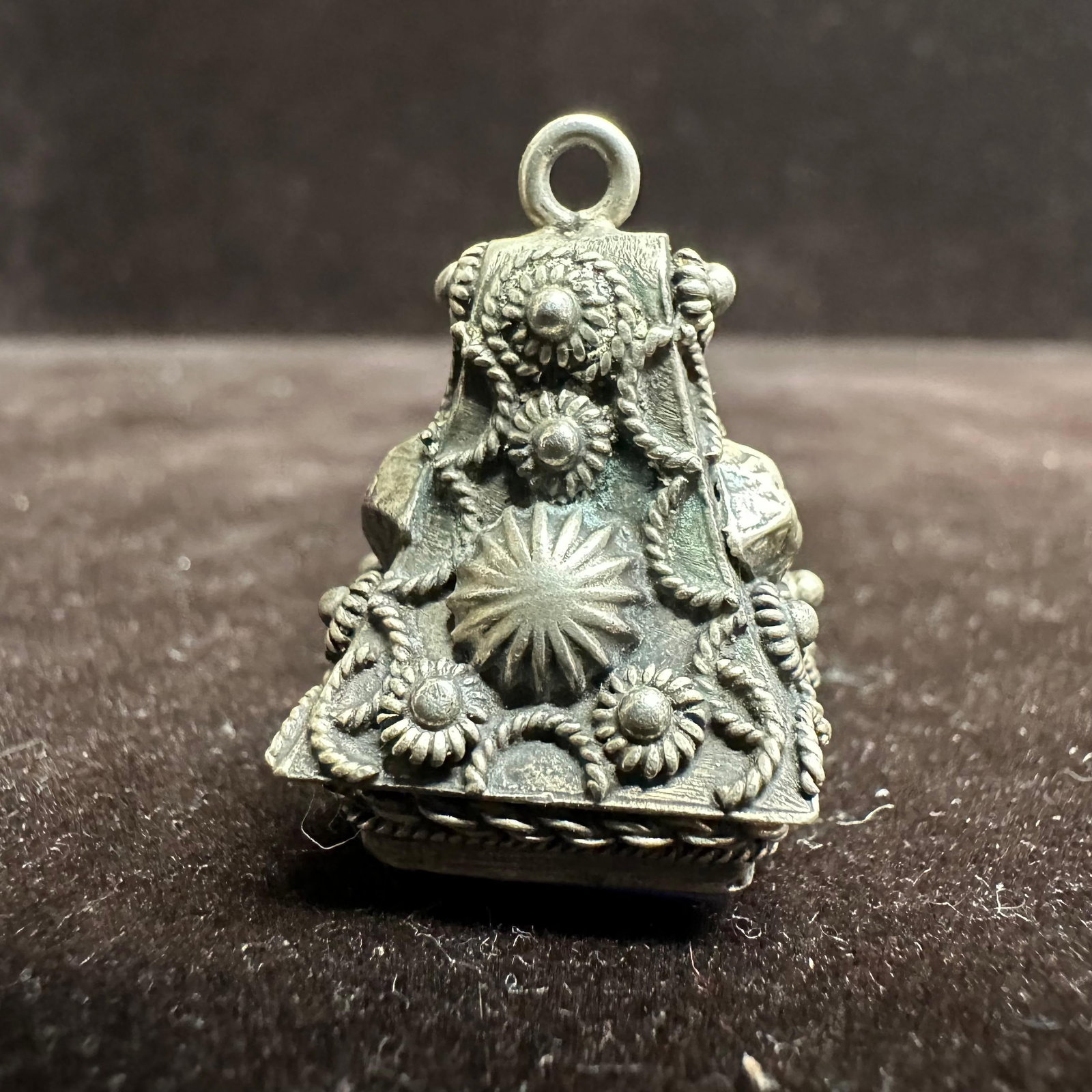 Victorian Etruscan Style Blue Accent Silver Fob Charm T36: This item is in good pre-owned, previously used/displayed condition with noticeable light wear and surface scratches. Please reference all photos for full details. This piece of jewelry has been teste