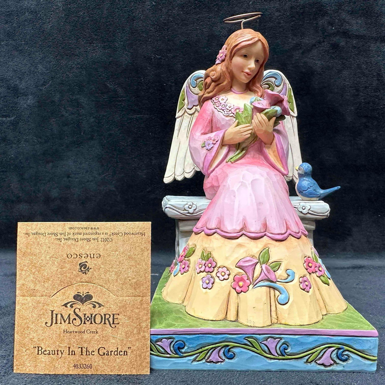 Jim Shore Beauty In The Garden Figurine Enesco Spring Angel Figure Artist Signed Signature: Artist signed, Jim Shore, signature on the bottom of the figure. Original box included. This item is in good like new, previously displayed condition with light wear, and surface scratches. Please