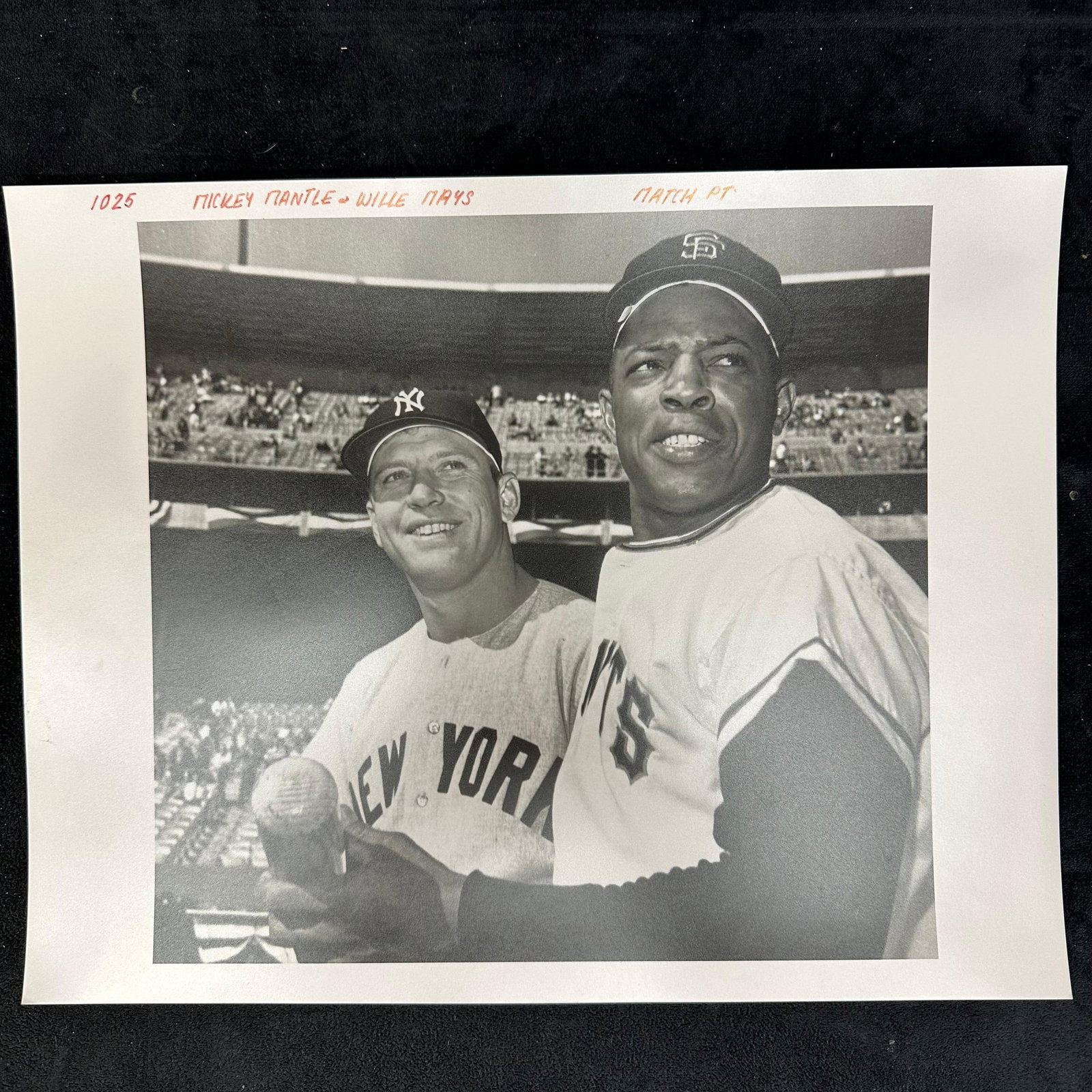 Mickey Mantle and Willie Mays Black and White Silver Gelatin Print: Vintage black and white analog photograph print capturing two of baseball’s greatest legends, Mickey Mantle of the New York Yankees and Willie Mays of the San Francisco Giants. This striking ima