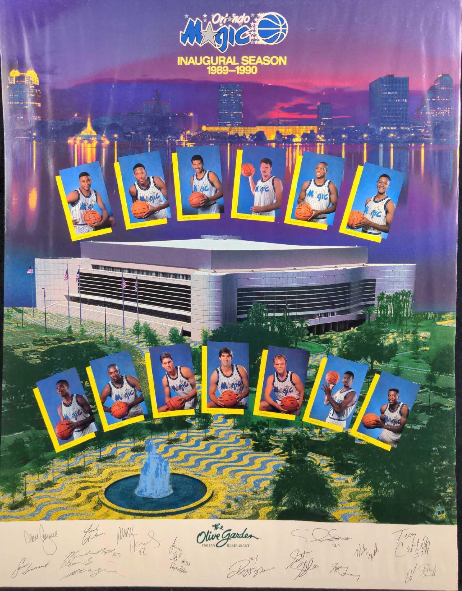 Vintage Orlando Magic Inaugural Season Poster C: An original Orlando Magic 1989-1990 Inaugural Season Poster! Has facsimile signatures and images of all 13 players all set against "The City Beautiful" Orlando Florida. With the Amway Arena, the city 
