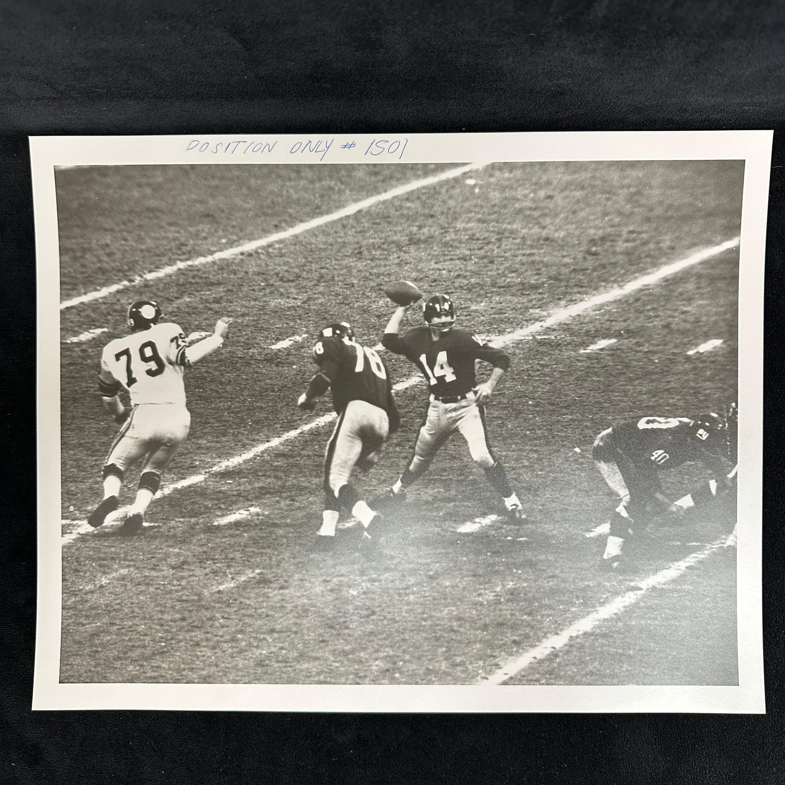 Hall of Famer Y.A. Tittle Quarterback Pass Play Football Action Analog Photo Print: Black-and-white analog photograph on pearl resin-coated paper capturing an in-game football moment. The scene shows the quarterback Hall of Famer Y.A. Tittle (#14) dropping back to pass with protectio