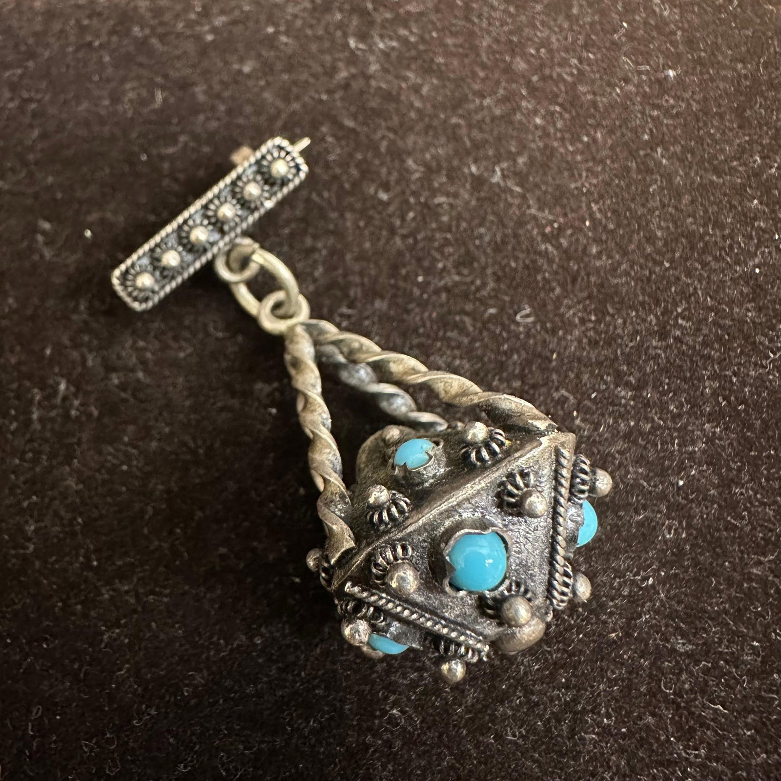 Victorian Revival Style Blue Turquoise Multi Stone Silver Fob Brooch Dangle Charm T45: This item is in good pre-owned, previously used/displayed condition with noticeable light wear and surface scratches. Please reference all photos for full details. This piece of jewelry has been teste