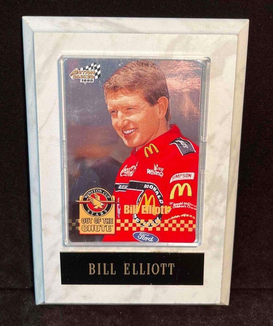 Limited Edition Bill Elliott Trading Card Action Packed 1995 On Wood Wall Plaque: This lot contains a Limited Edition Bill Elliott Trading Card Action Packed 1995 On Wood Wall Plaque. This wall plaque comes in its original packaging. it is approx 4 1/4" x 1" x 7" and it weighs