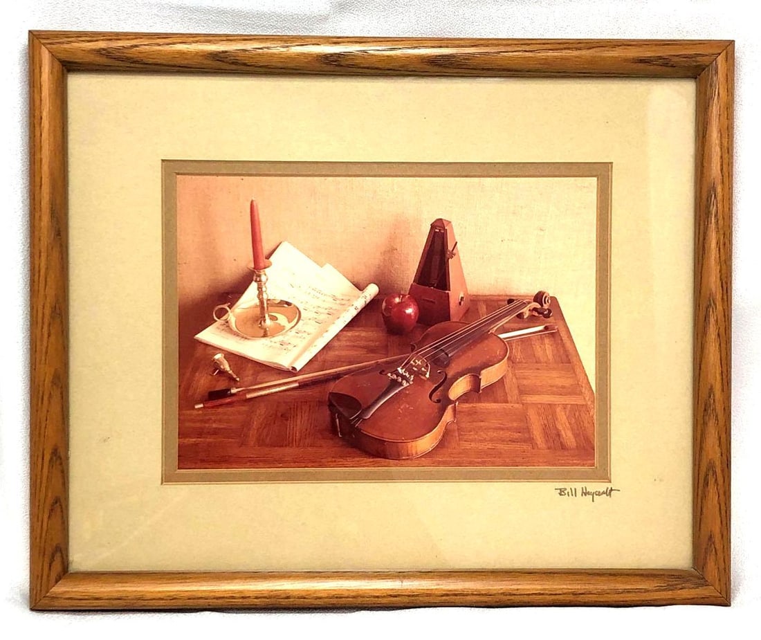 Framed Still Life Photography Making Violin Music: Still Life Photography of Making Violin Music - Matte and Wood Frame. Signed by Bill H. The Framed Photography is approximately 11" x 8-3/4" x 3/4" and weighs about 1.4lbs. Overall the item is in good
