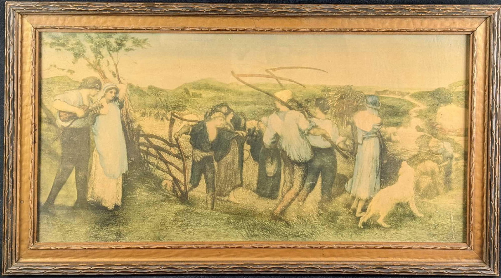 Framed Aquatint After George Mason of "Harvest Moon": Framed Aquatint After George Mason of "Harvest Moon". The framed print is approx 31 1/4" x 3/4" x 17 1/4" and it weighs 5.5lbs. The print/image is approx 27" x 13 1/2". The framed print is in a good,