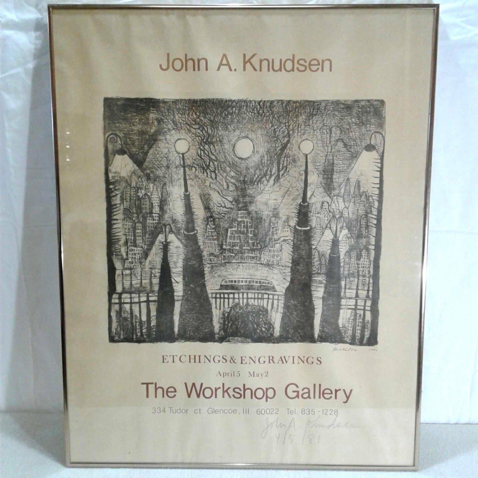Signed John A. Knudsen Framed Poster of "The Workshop Gallery" 1981: An original pencil signed John A. Knudsen Framed poster of "The Workshop Gallery" 1981. I measures approximately 29" x 23" and is in good used condition. The poster appears to have disagreed with