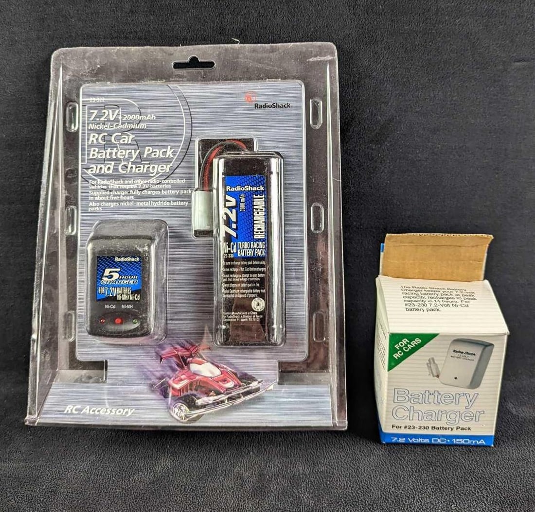 Radio Shack RC Car Battery Pack And Chargers: This lot consists of: (1) Radio Shack Battery Charger For #23-230 Battery Pack. 7.2 Volts DC. 150mA. It comes in its original box which is approx 2 3/4" x 2 1/2" x 4 1/2" and it weighs 0.5
