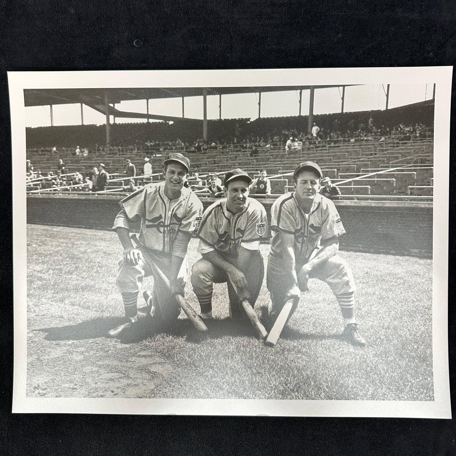 Baseball Analog Photo Print Stan Musial Enos Slaughter and Whitey Moore Cardinals: Black-and-white analog photo prints featuring the St. Louis Cardinals’ legendary hitters Stan Musial, Enos Slaughter, and Whitey Moore posed on the field. This item is in pre-owned, previously d
