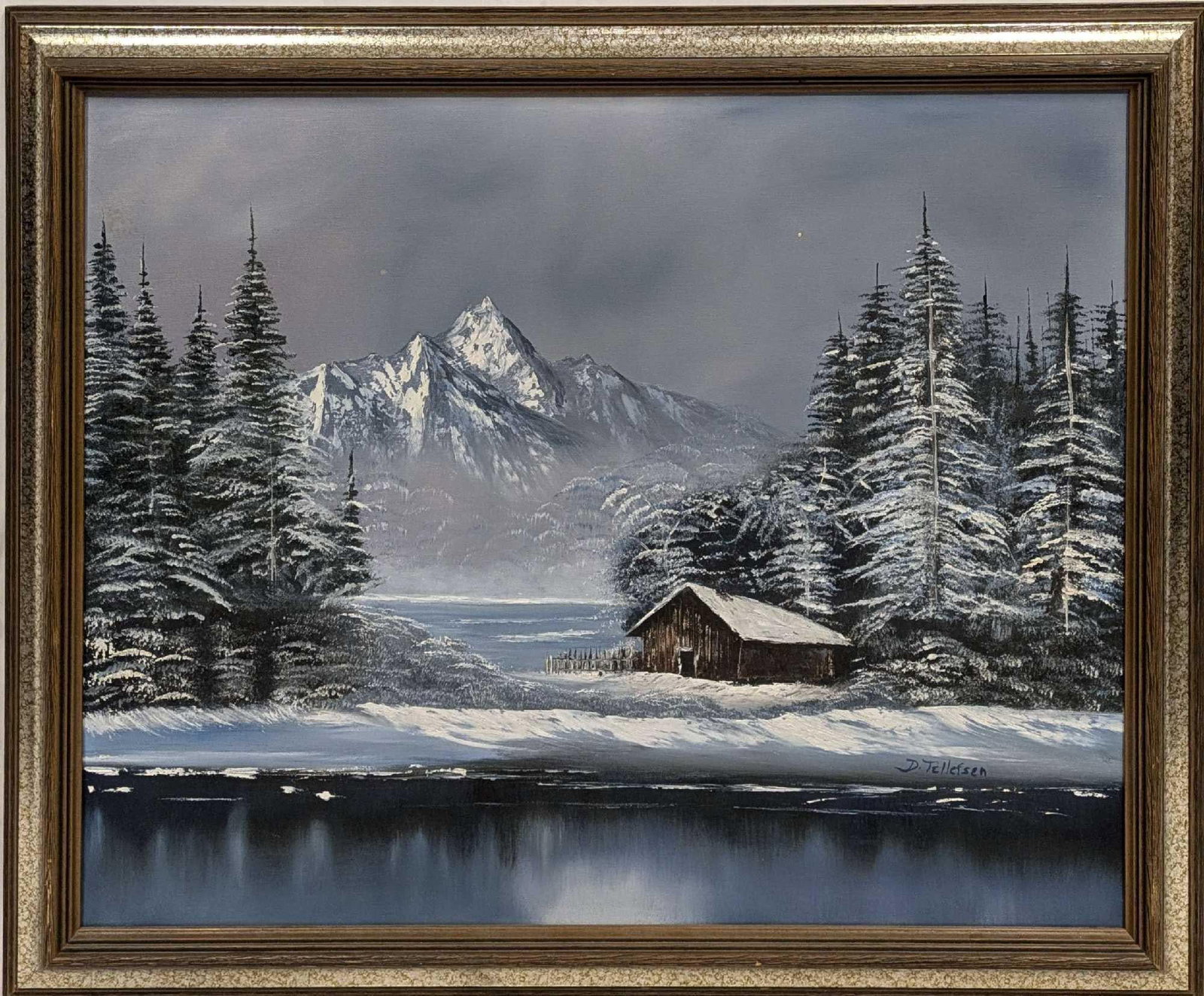 Framed Original Winter Cabin Scene Signed By D Tellefson JB 223: Framed Original Winter Cabin Scene Signed By D Tellefson JB 223. The framed original is approx 34 1/4" x 2" x 28 1/4" and it weighs 5.50lbs. The frame has some small chips. The original is signed by