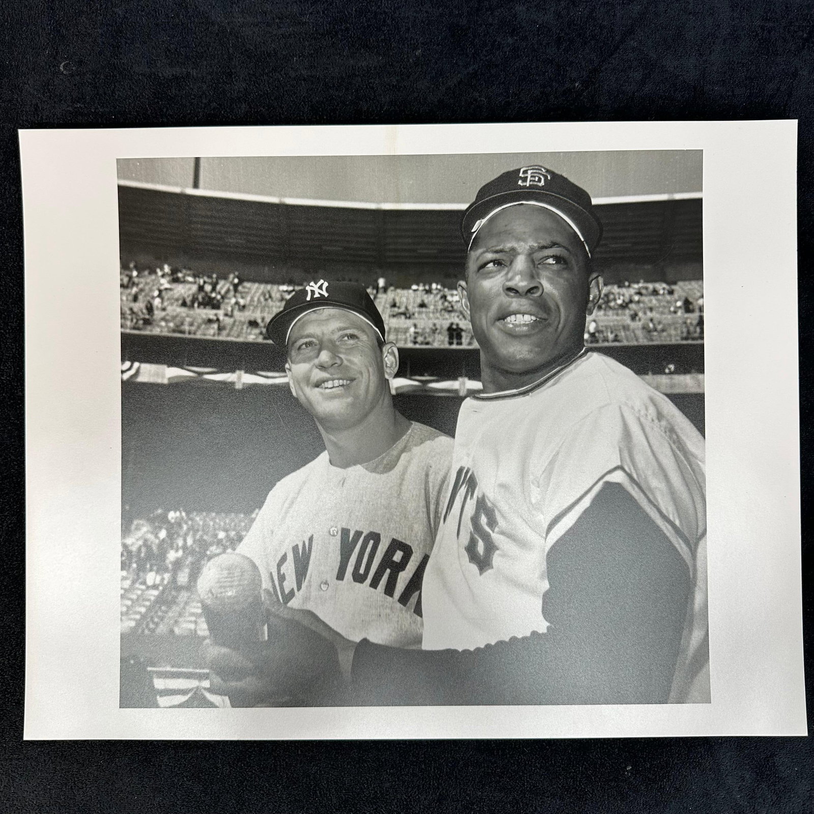 Mickey Mantle and Willie Mays Black and White Analog Photo Print #2: Black and white analog photograph print capturing two of baseball’s greatest legends, Mickey Mantle of the New York Yankees and Willie Mays of the San Francisco Giants. Minor scratches are notic