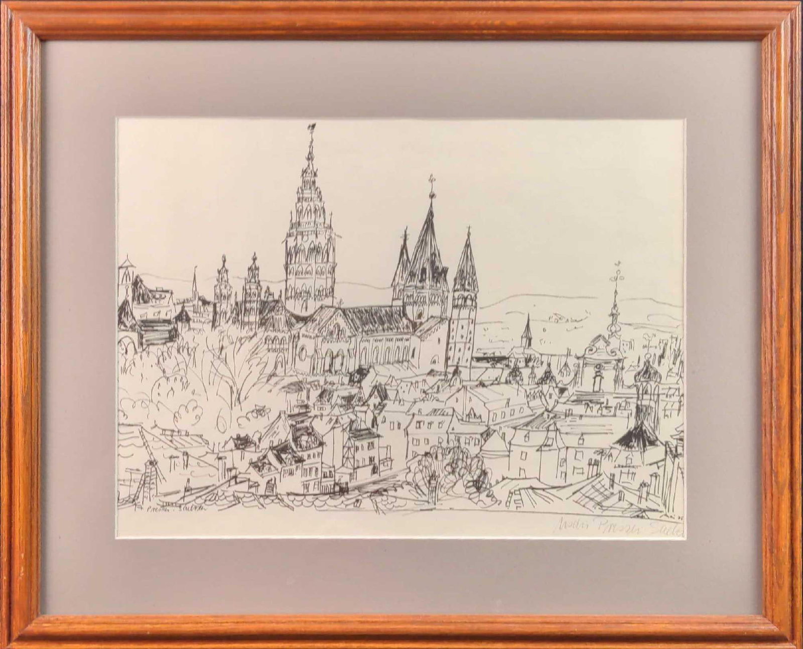Framed Hand Signed Pen And Ink Print Temple Cathedral: Here is a framed print of an original pen & ink. It has the copied signature along with a penciled signature underneath it. This appears to be a church similar to St. Stephen's Cathedral in