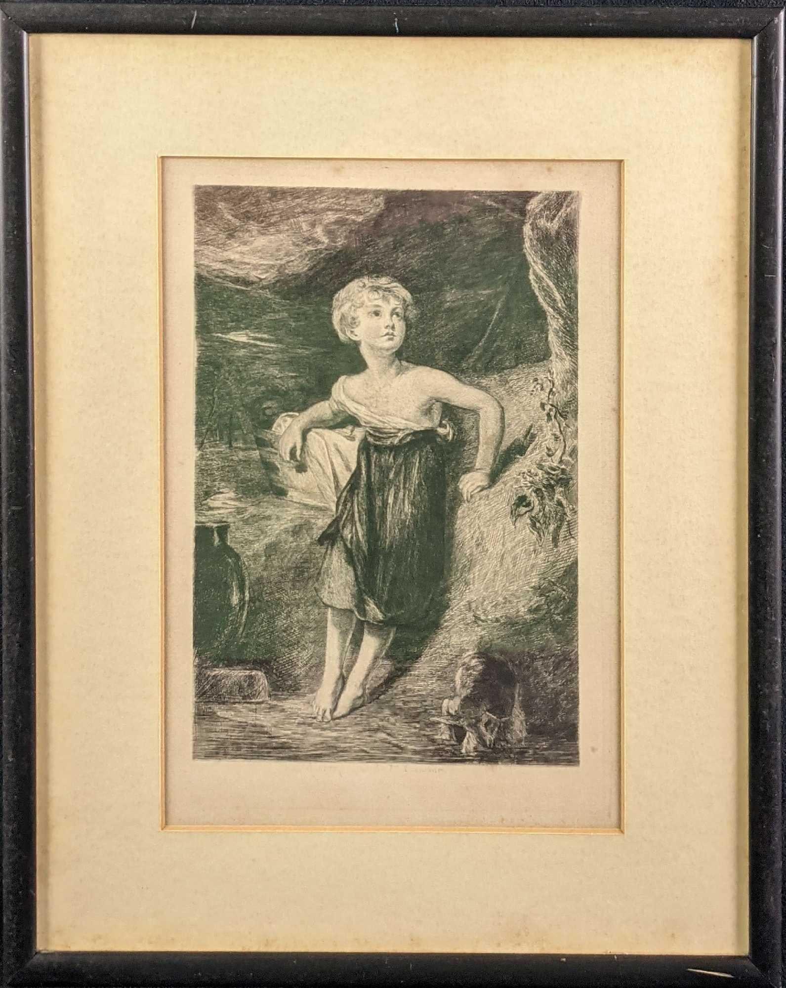 1800s Thomas Lawrence Etching "A Child With A Kid": Antique etching on thick laid paper after the original oil paint on canvas by master etcher Leon Richeton. Please note, the signature was part of the plate and not hand-signed. The framed print is app