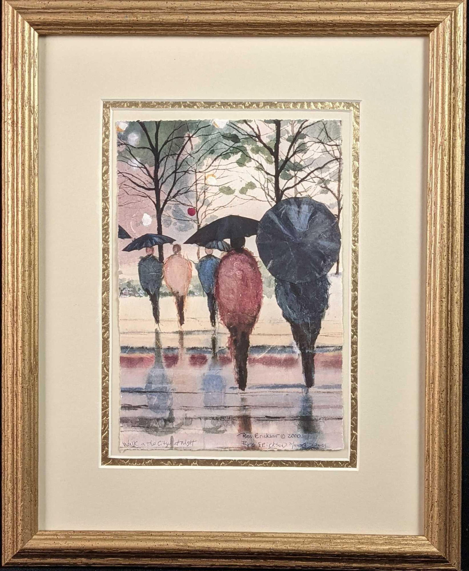 Framed LE Russ Erickson Walk In The City At Night Print A: Framed Limited Edition Russ Erickson Walk In The City At Night Water-Color Print. This one is #71 out of #450 and was released in 2001. The framed print is approx 12 1/2" x 1" x 15 1/2" an