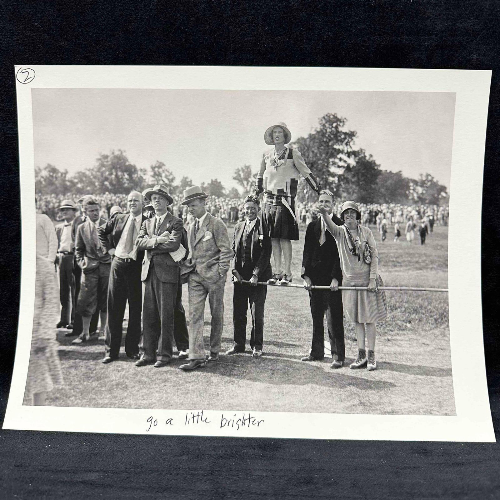Golf Tournament Crowd Photograph Print Spectators on the Fence Black and White: Original black-and-white 1920's golf photograph capturing a lively tournament scene with a large gallery of spectators. The focal point shows several well-dressed men and women standing and sittin