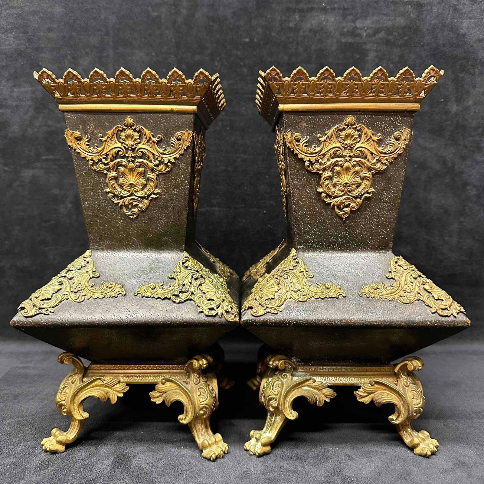 Pair of Ornate Decorative Brass Metal Footed Vase J (1 of 7)