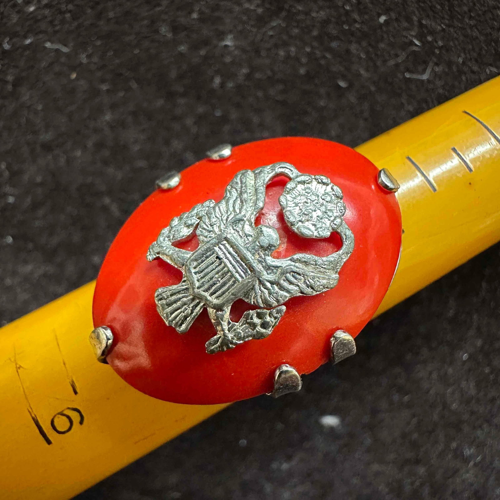 Sterling Silver Eagle Motif Red Plastic Setting Ring - 3