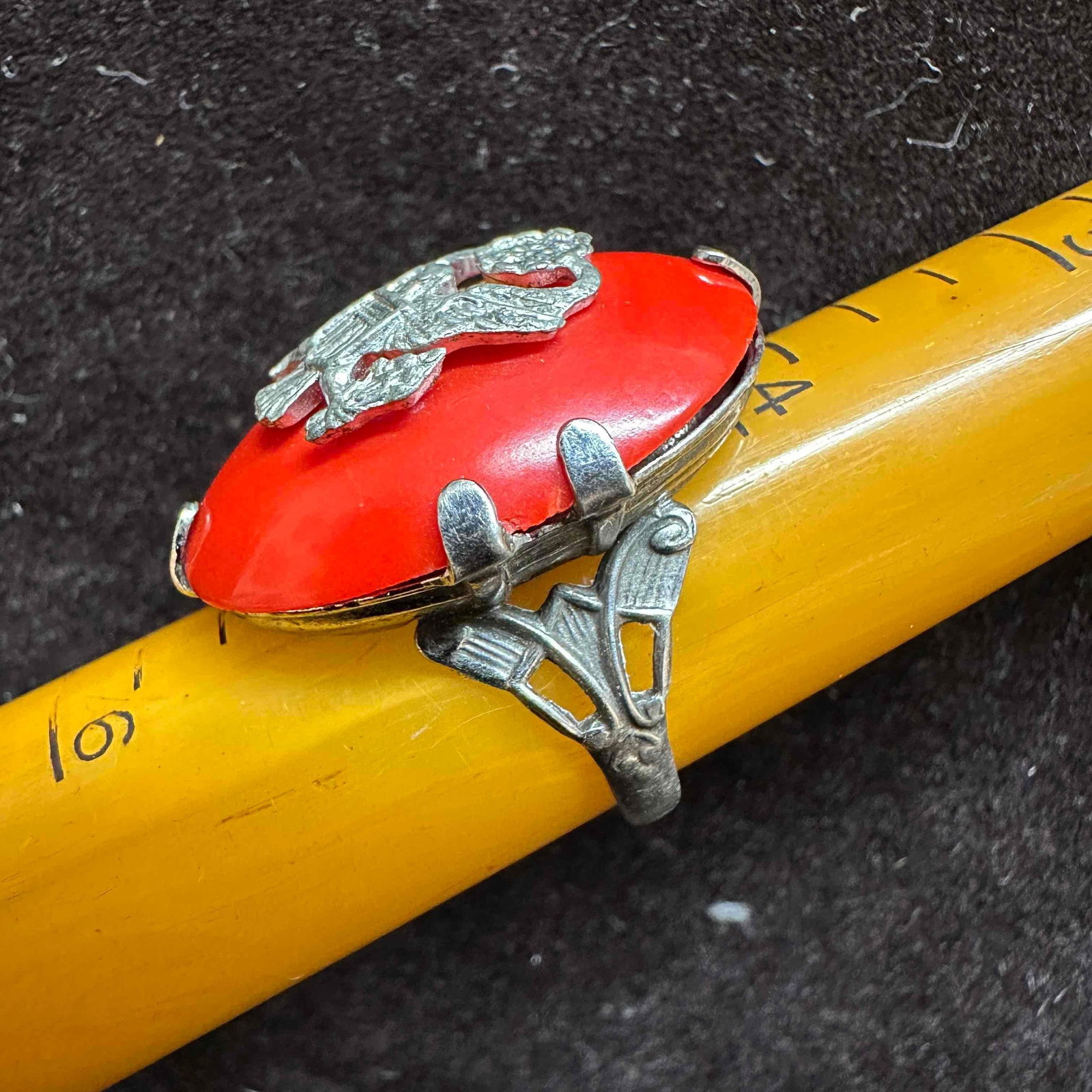 Sterling Silver Eagle Motif Red Plastic Setting Ring - 4
