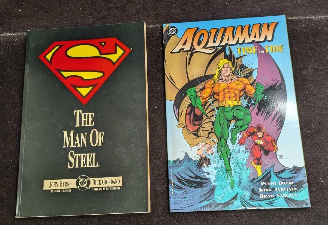 Superman And Aquaman Softcover Comic Book Collections: Superman And Aquaman Softcover Comic Book Collections. This lot includes: (1) Superman The Man Of Steel Softcover Collection. This is approx 6 3/4" x 1/4" x 10 1/4". This collects the "