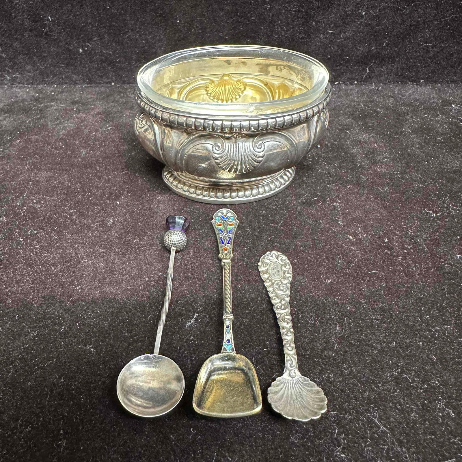 Sterling Silver Mini Spoon Set and Silver Plated Glass Trinket Dish: These items are in good pre-owned, previously used/displayed condition with noticeable light wear, and surface scratches. Please reference all photos for full details. These pieces of sterling have