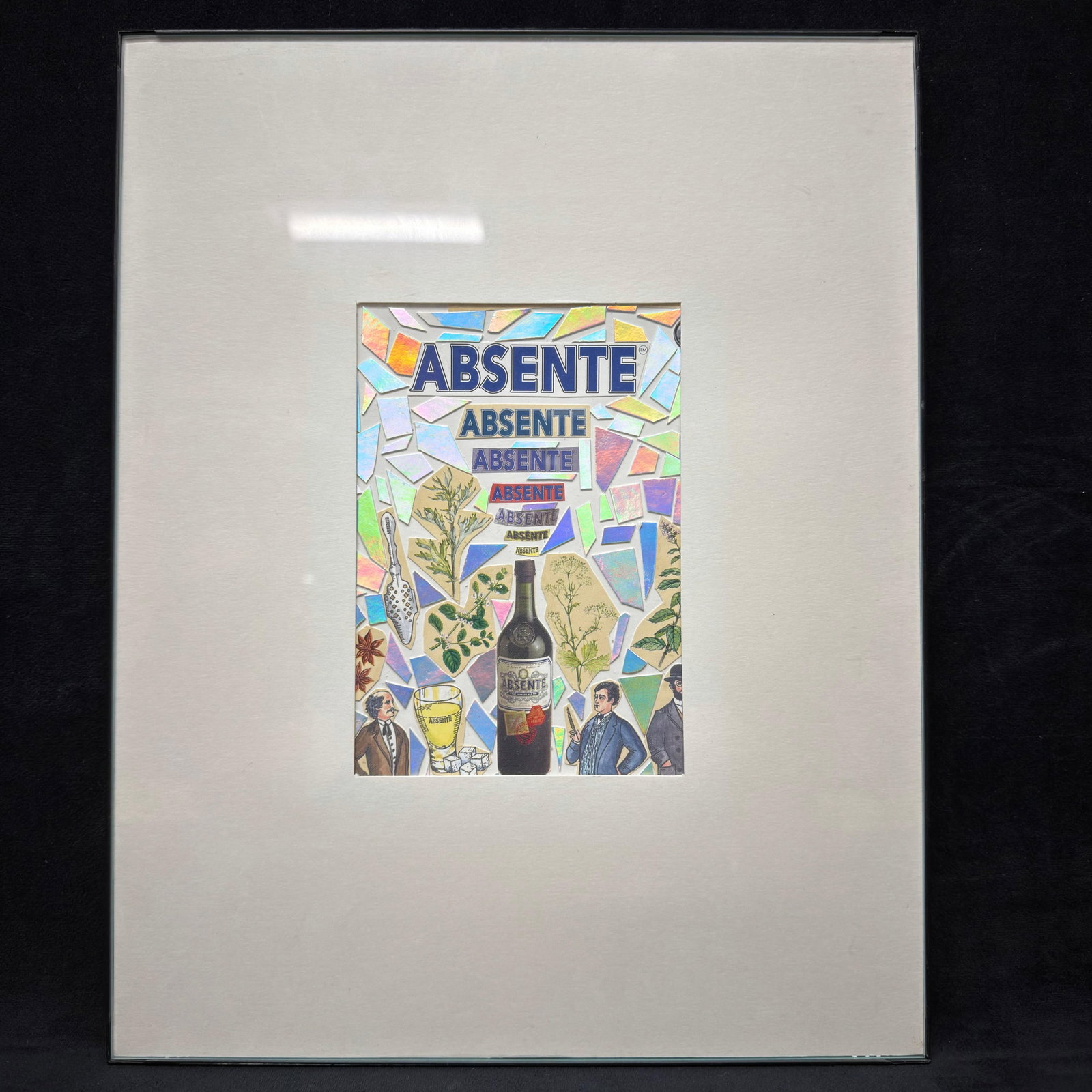 Absente Le Bon Reve Mixed Media Collage Signed Michael Albert American Pop Artist: Absente advertising-themed mixed media collage titled “Le Bon Reve,” featuring holographic elements, botanical imagery, absinthe spoon, glass, bottle, and historical figures. Reverse is
