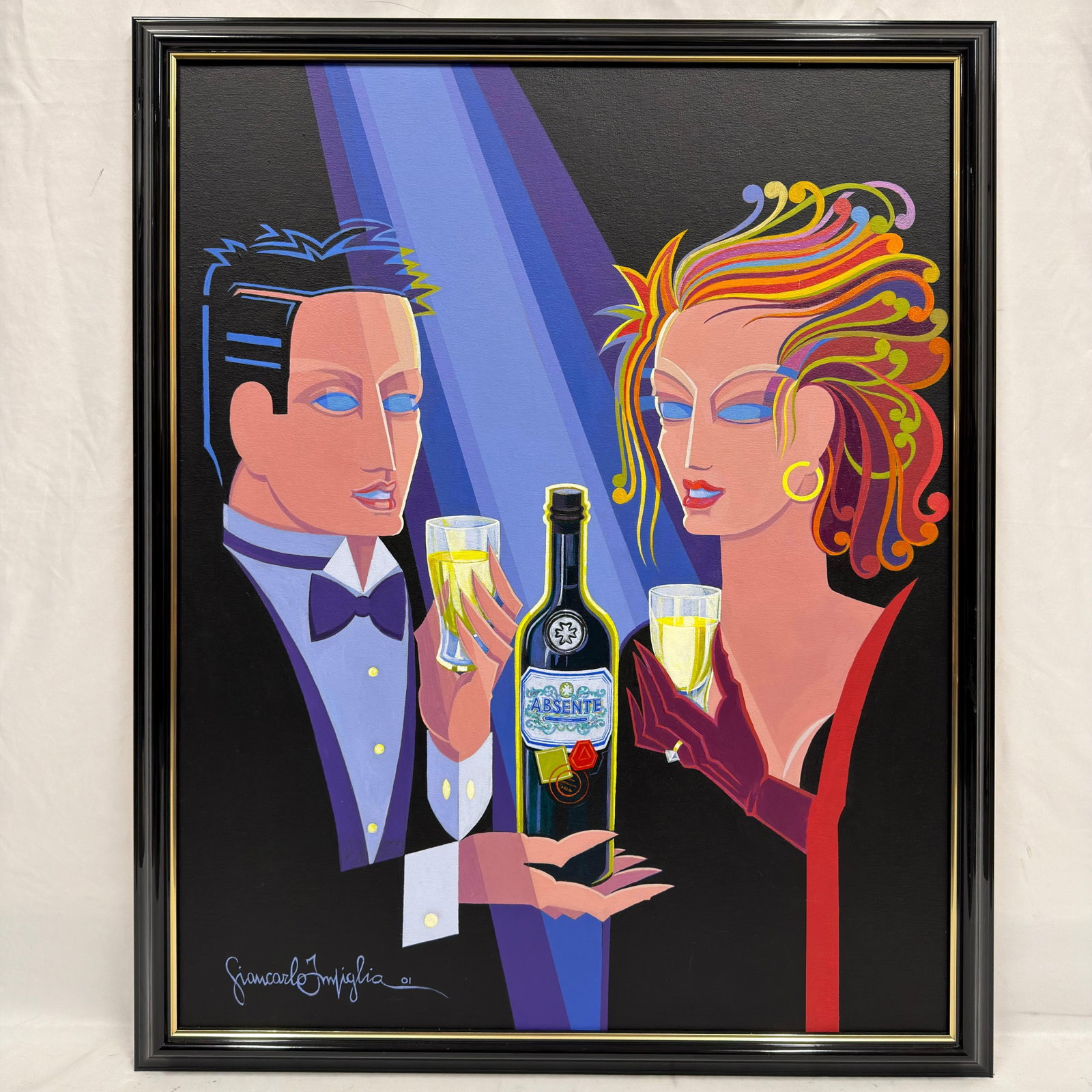 Giancarlo Impiglia Signed 2001 Absente Advertising Painting: Original colorful Art Deco-style advertising painting by listed Italian-American artist Giancarlo Impiglia, depicting an elegantly dressed couple raising glasses around a bottle of Absente. Signed