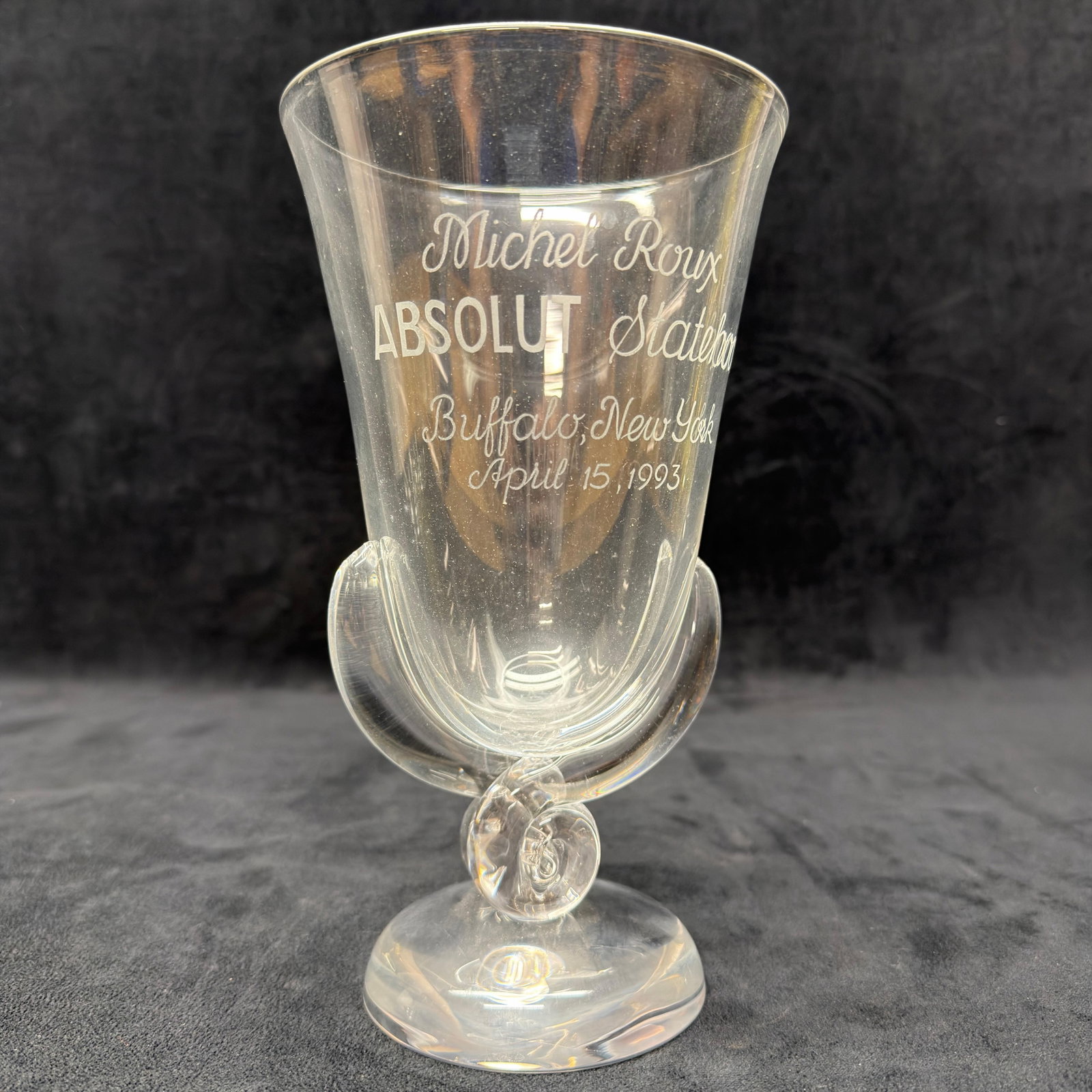 Michel Roux Absolut Statehood Buffalo NY Engraved Art Glass Goblet: Large clear art glass/crystal presentation goblet engraved “Michel Roux – ABSOLUT Statehood – Buffalo, New York – April 15, 1993.” Sculptural applied glass decoration