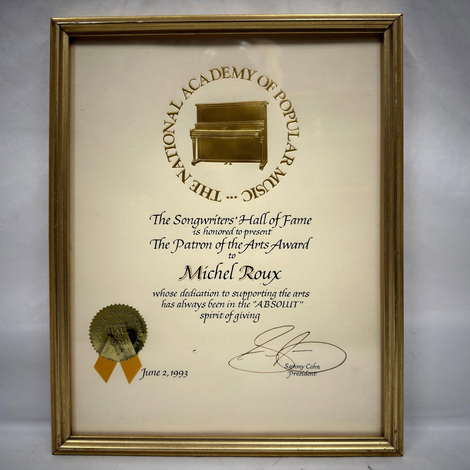 Michel Roux Songwriters Hall of Fame Patron of the Arts Award: Framed 1993 Patron of the Arts Award presented to liquor executive Michel Roux by the Songwriters Hall of Fame / National Academy of Popular Music. Recognizes Roux for his support of the arts and