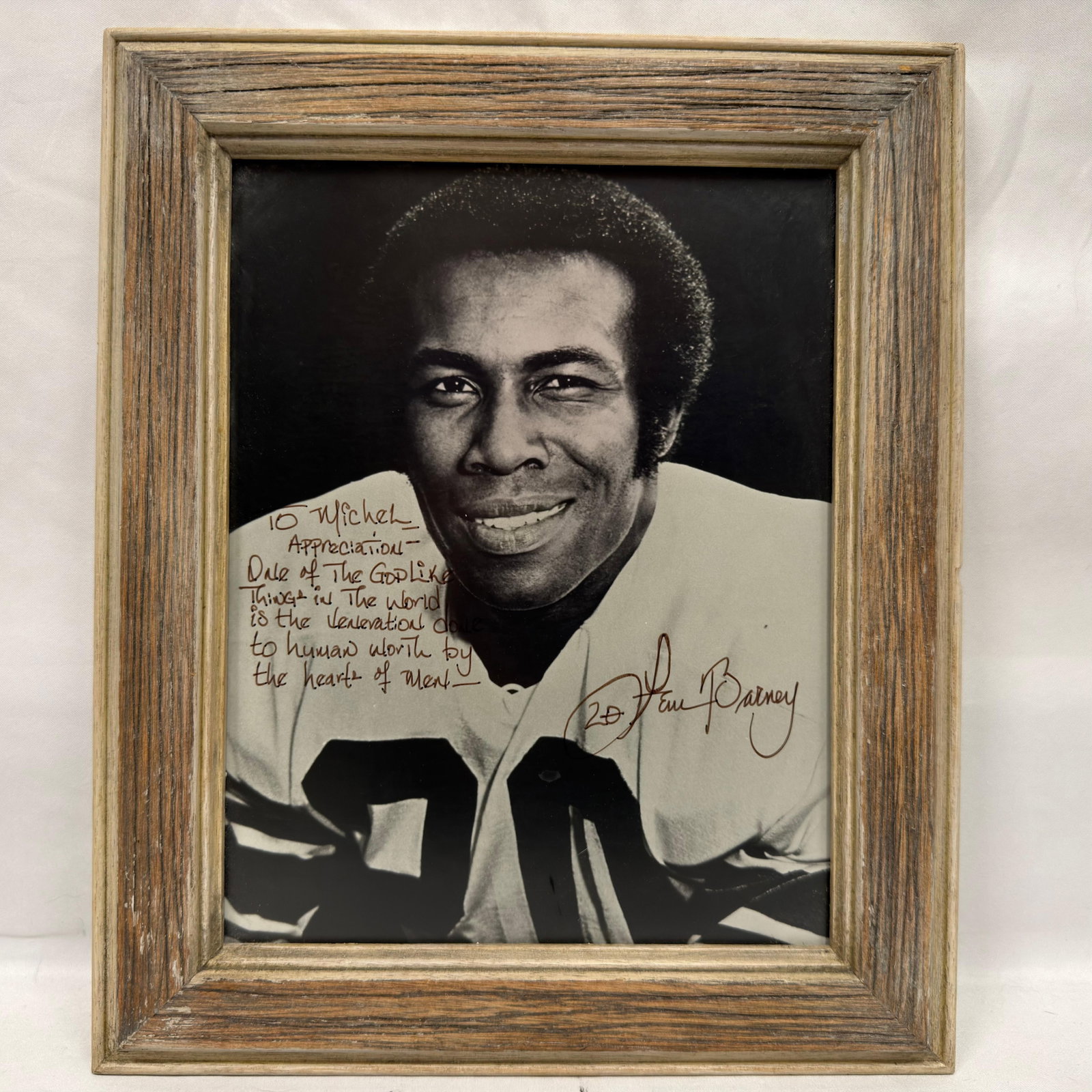 Lem Barney Signed and Inscribed Photograph to Michel Roux with 1984 Letter: Framed signed photograph of Pro Football Hall of Famer and Detroit Lions great Lem Barney, personally inscribed to liquor executive Michel Roux with a lengthy handwritten message and signature. Revers