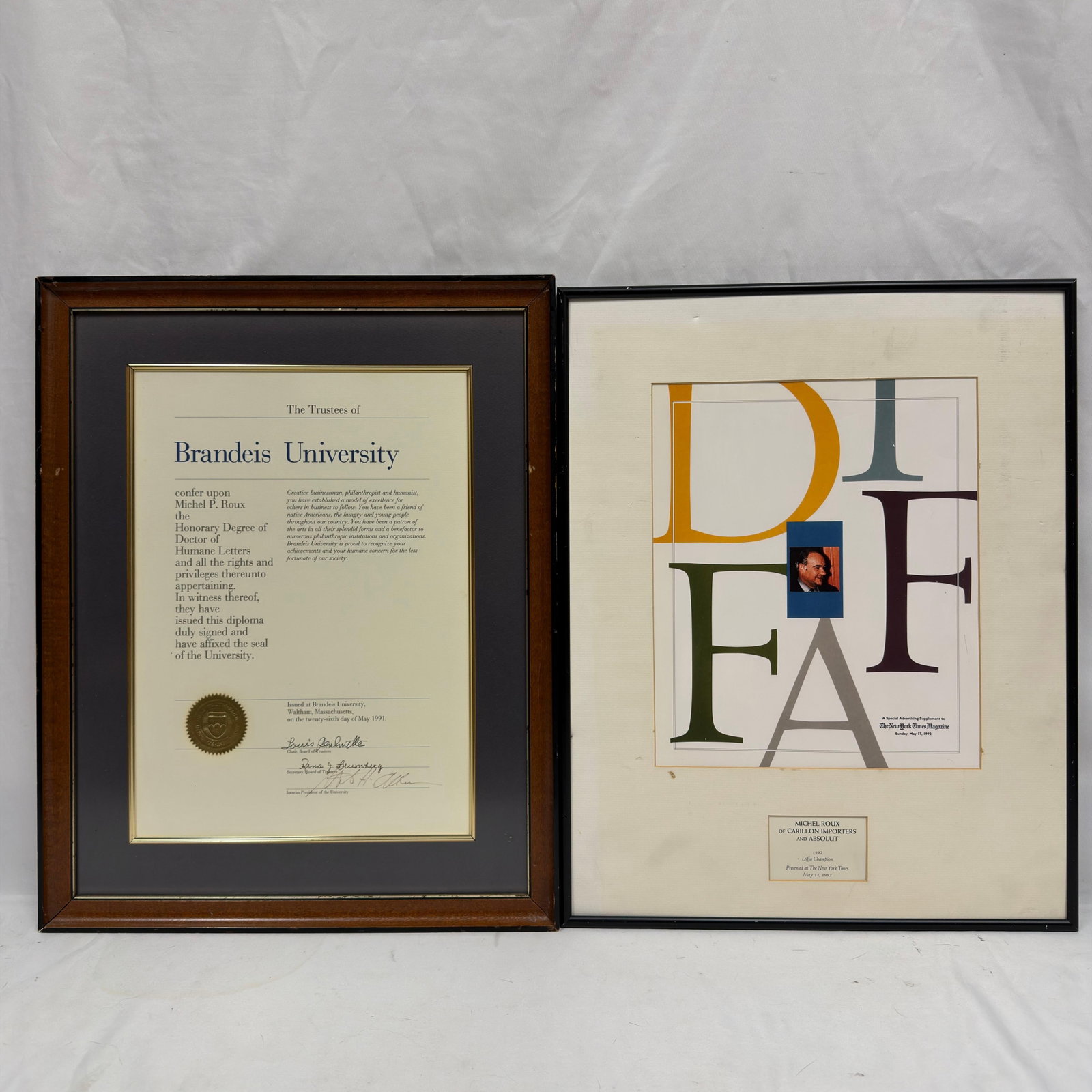 Michel Roux Brandeis University Honorary Doctorate and 1992 DiRoNA Award Framed Pair (1 of 4)