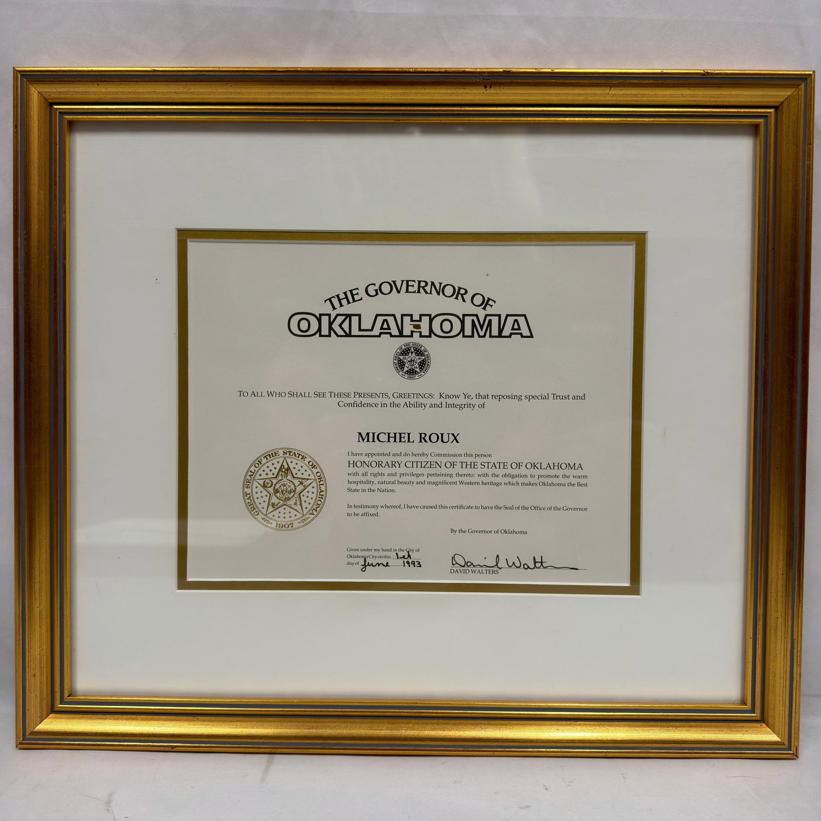 Michel Roux Oklahoma Honorary Citizen Governor David Walters Commission (1 of 3)