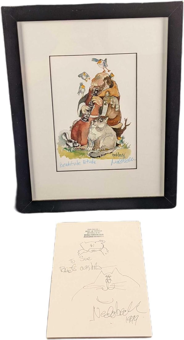 Framed Donald Nedobeck Beatitude Etude Print W Sketch: This print shows a monk surrounded by animals (St. Francis of Assisi?) as he entertains them with his flute. This was signed by the artist on the bottom left. This lot also comes with a fun sketch of 