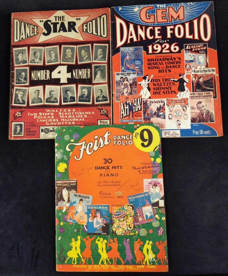 Three Vintage Dance Folio Sheet Music Books: This lot includes: (1) The Star Dance Folio. Arranged For Piano by Lee Orean Smith. Waltzes, Two Steps, Schottisches, Polkas, and more. Published by Shapiro, Remick, And Company in 1904. (1)The GEM Da