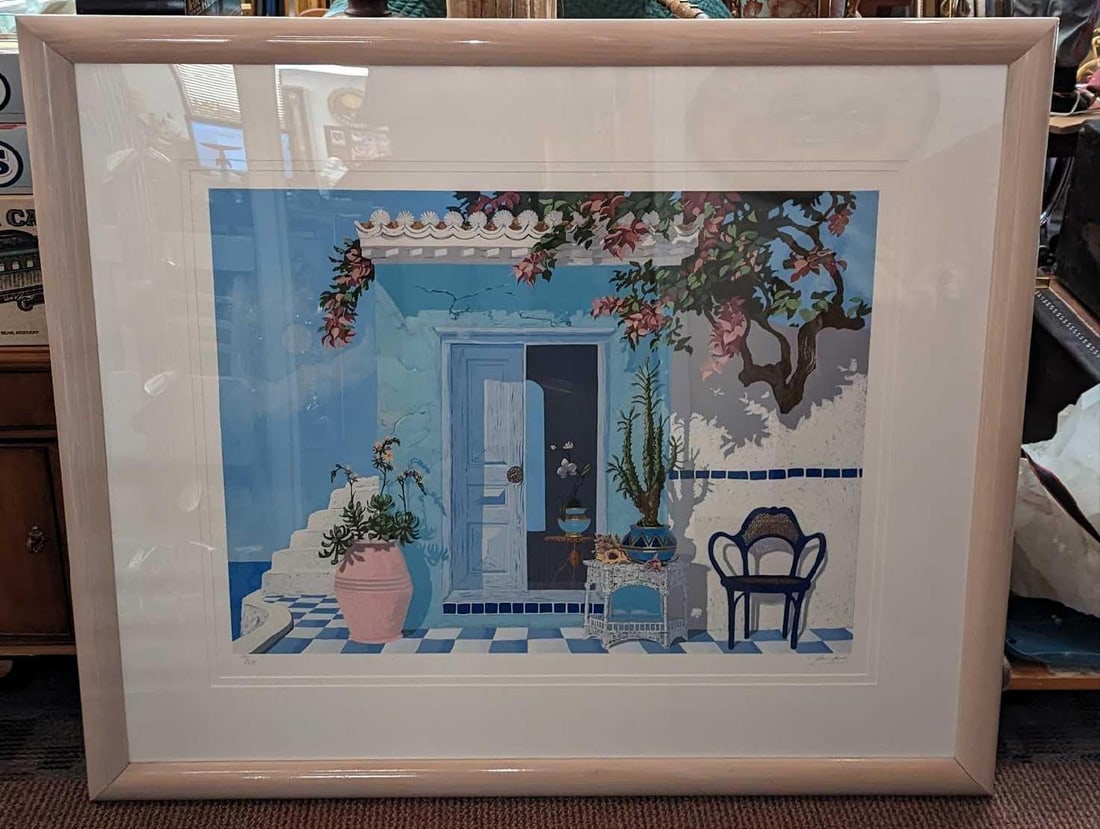 Framed S&N John Kiraly Door To The Agean Print: Framed S&N John Kiraly Door To The Agean Print. This one is #124 out of #275. The framed print is approximately 52 1/2" x 1/2" x 44 1/2" and it weighs 26 lbs. The frame has some wear. Please see the