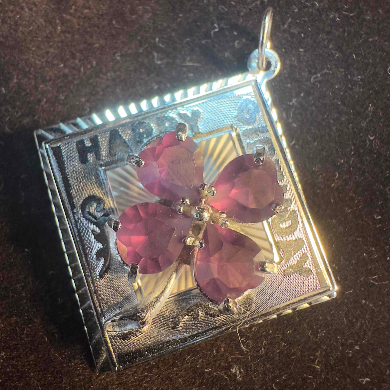 Amethyst Purple Stone Flower M & M Sterling Silver Happy Birthday Square Pendant Z83: This item is in good pre-owned, previously used/displayed condition with noticeable light wear, and surface scratches. Please reference all photos for full details. This piece of jewelry has been test