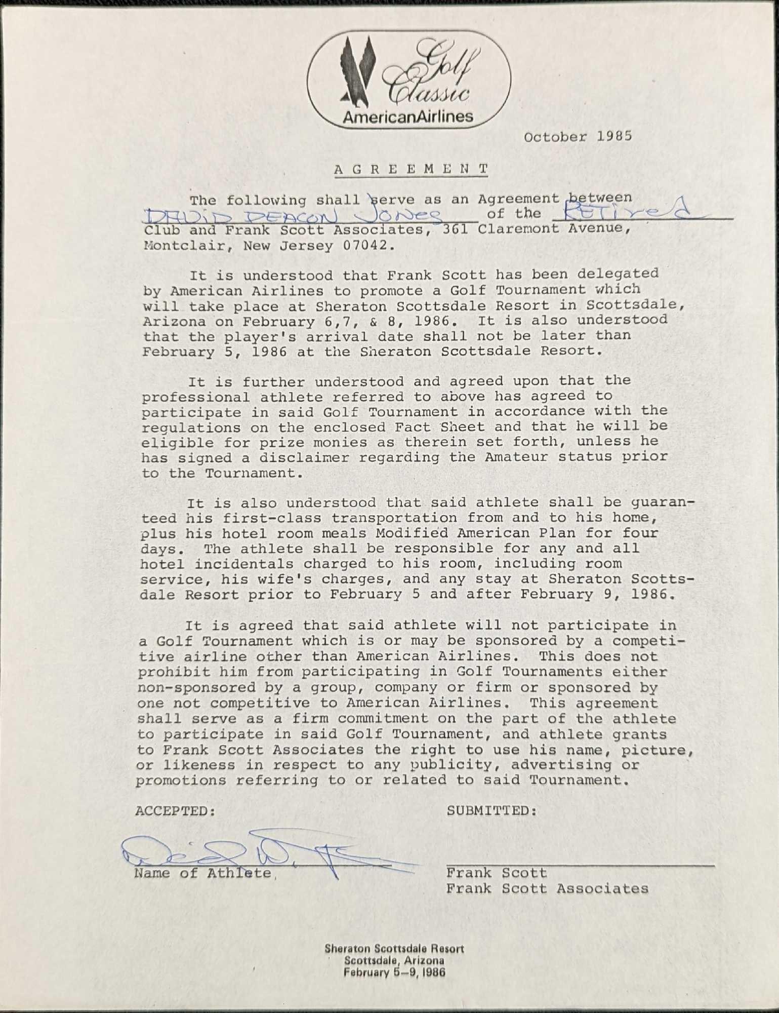 Signed David Deacon Jones HOF Football Letter: Here is an American Airlines Golf Classic letter signed by football great, David Deacon Jones. This letter is approx 8 1/2" x 11" and it weighs 0.01lb. The letter is in a good, vintage conditi
