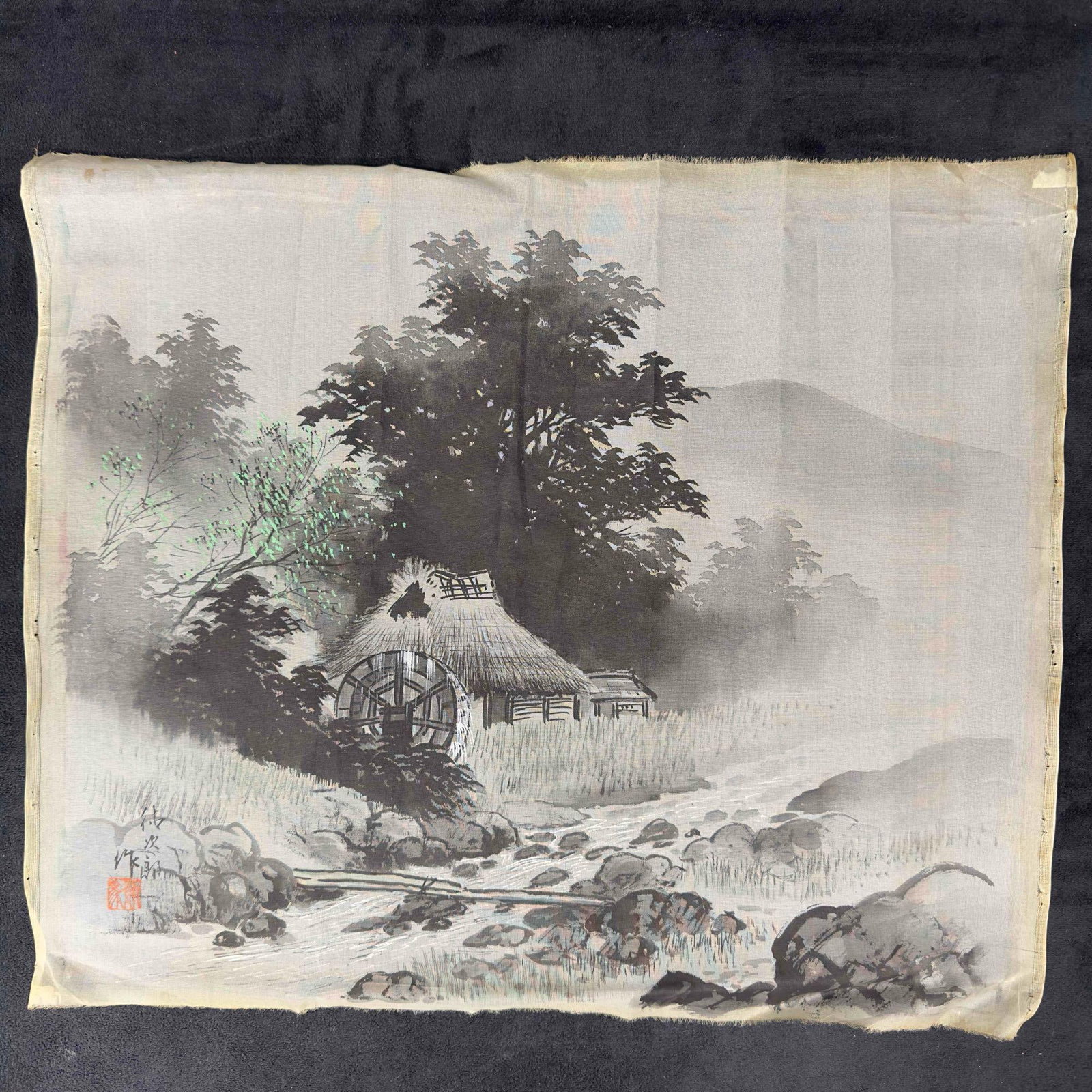 Watermill East Asian Ink Painting on Cloth Sumi-e Shan Shui Style: Watermill East Asian Ink Painting on Cloth Sumi-e Shan Shui Style. This ink wash art on cloth handcrafted by unknown artist. The scene is a serene pastoral landscape featuring thatched-roof watermill 