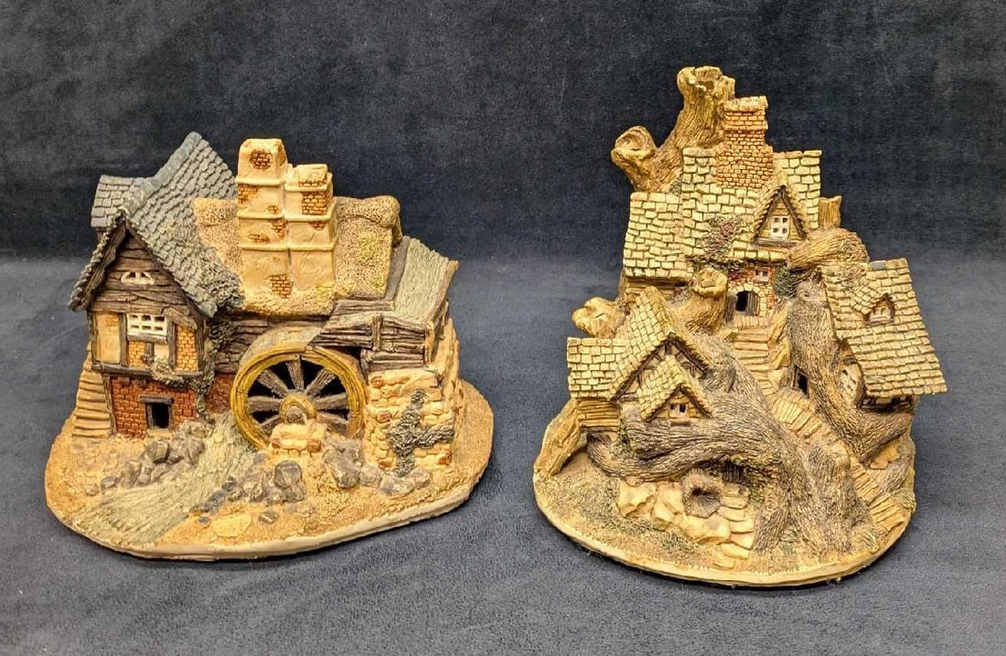 Vintage Watermilll And Cottages On A Hill Display Houses: Vintage Watermilll And Cottages On A Hill Display Houses. This lot includes resin model houses/buildings. The maker and date of creation is unknown. Each has a small opening on the bottoms for a light