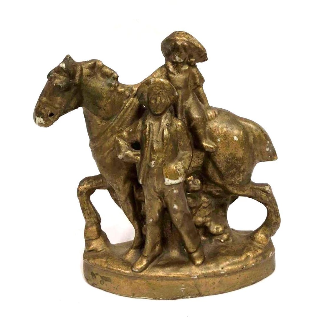 Porcelain Horse Figurine With Man & Child: This lot contains a porcelain horse figurine with a man & child. The figurine is approx 3 3/4" x 1 1/2" x4 1/2" and weighs about 0.3lbs. Overall the figurine is in average used condition with some sig