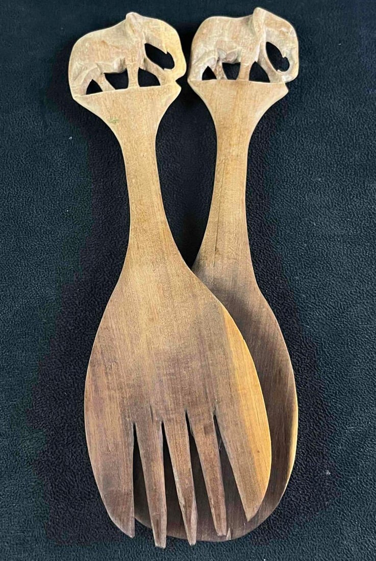 Wooden Fork and Spoon Carved Elephant Handles (1 of 5)