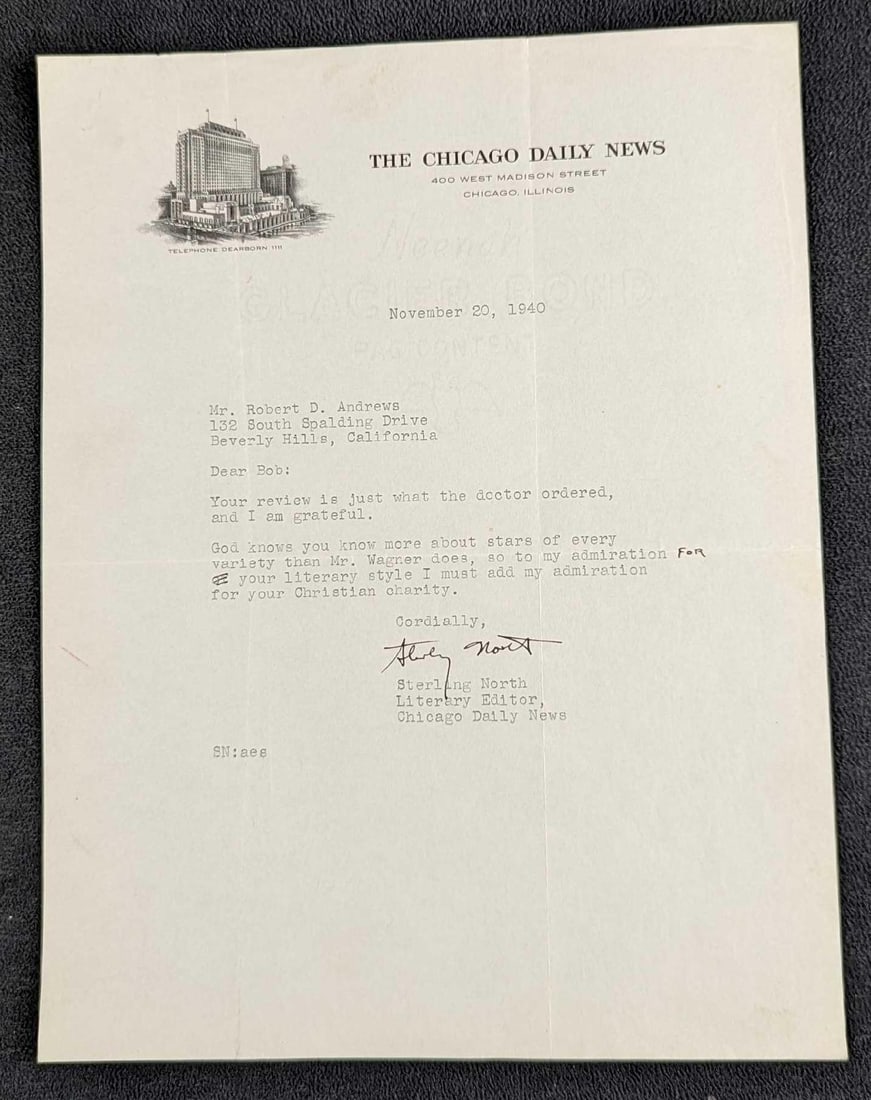 Vintage Signed Sterling North Chicago Daily News: This is a letter that was signed by writer Sterling North. It was sent on November 20, 1940. The letter is approx 8" x 11" and it weighs 0.01lb. Please note, this does not come with a COA and