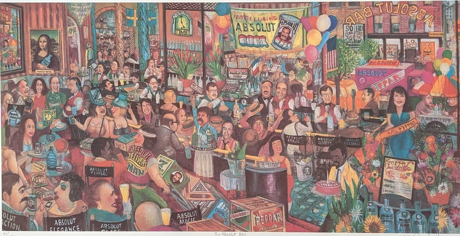 Robert Cenedella S&N Absolut Vodka Print: Robert Cenedella S&N Absolut Vodka Print. This print is approx 39" x 24" and it weighs 0.30lb. The print is signed and numbered by the artist on the bottom left. The print is in a good, un
